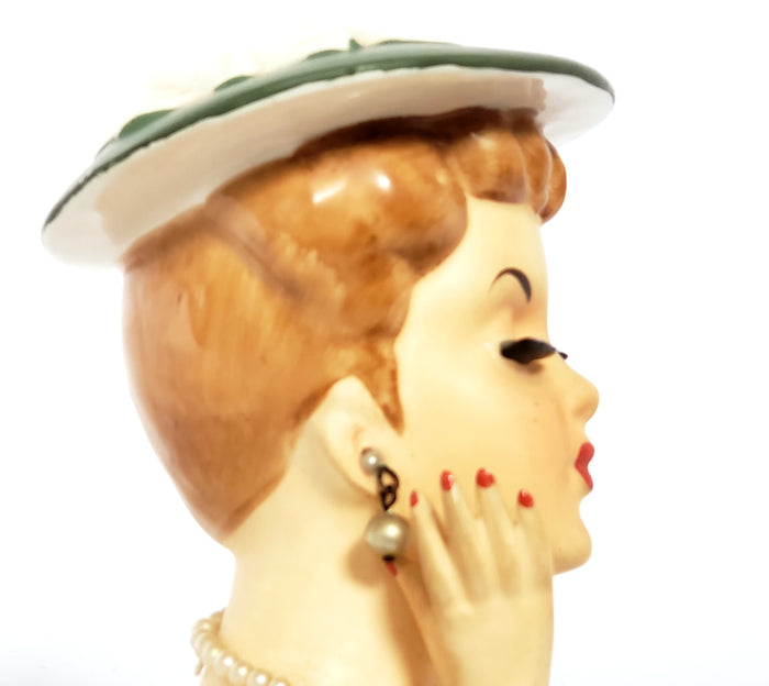 Mid-Century Lady Head Vase - Planter in Green Labeled Lee Wards Japan