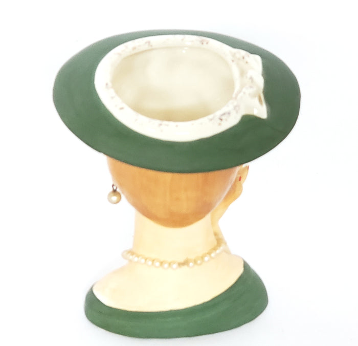 Mid-Century Lady Head Vase - Planter in Green Labeled Lee Wards Japan