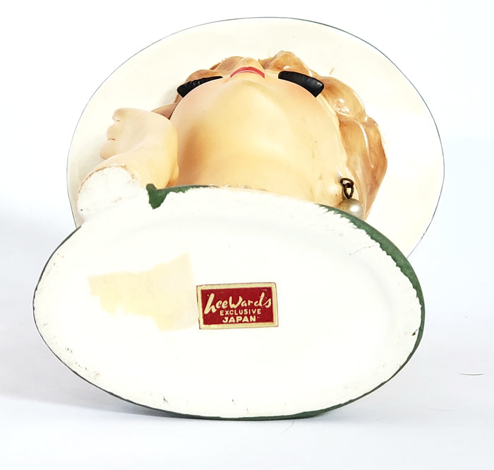 Mid-Century Lady Head Vase - Planter in Green Labeled Lee Wards Japan