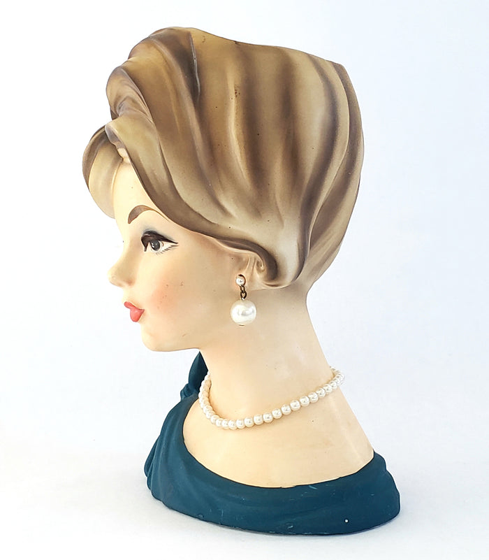 Mid Century Lady Head Vase Planter in Turquoise C7294 by Napcoware 7 1/4 inch