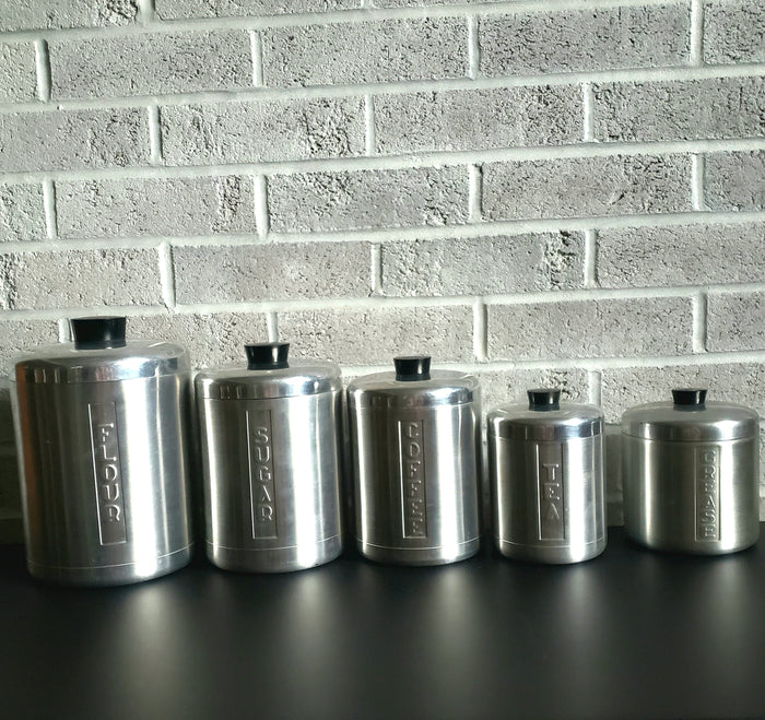 Midcentury Spun Aluminum Kitchen Canister Set of 4 Italy Plus Grease Canister ca. 1950s