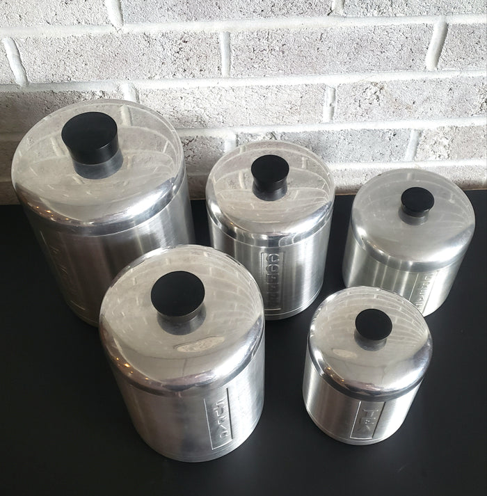 Midcentury Spun Aluminum Kitchen Canister Set of 5 Italy Plus Grease Canister ca. 1950s