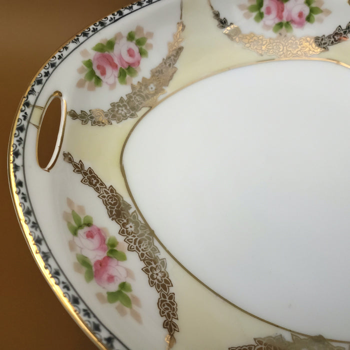 Noritake Triangular Porcelain Bon Bon Serving Dish Pierced Handles Roses Gold Swag