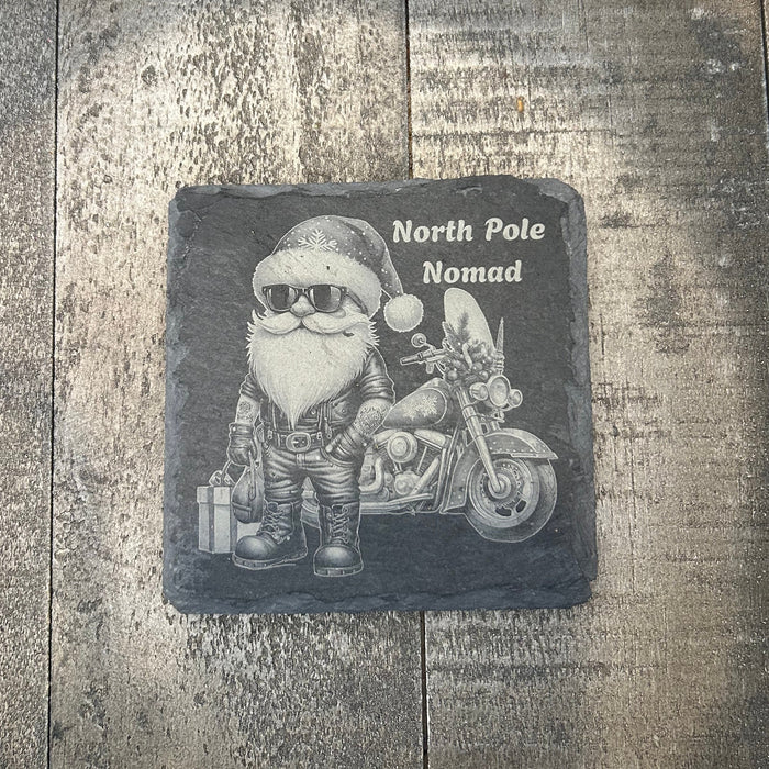 NORTH POLE NOMAD — SANTA ON MOTORCYCLE | SLATE COASTER 2-PACK