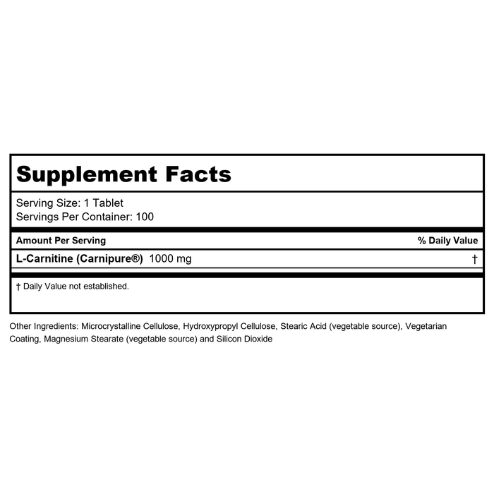 Now Foods L-Carnitine 1000 mg 100 Tablets - 0068 - Supplement Facts panel