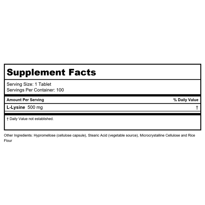 Now Foods L-Lysine 500 mg 100 Tablets - 0100 - Supplement Facts panel