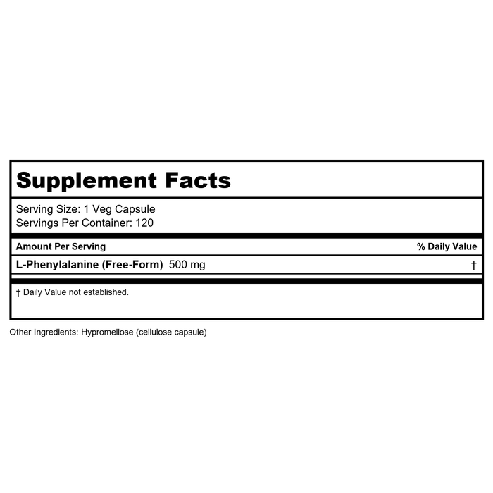 Now Foods L-Phenylalanine 500 mg 120 Vcaps - 0132 - Supplement Facts panel