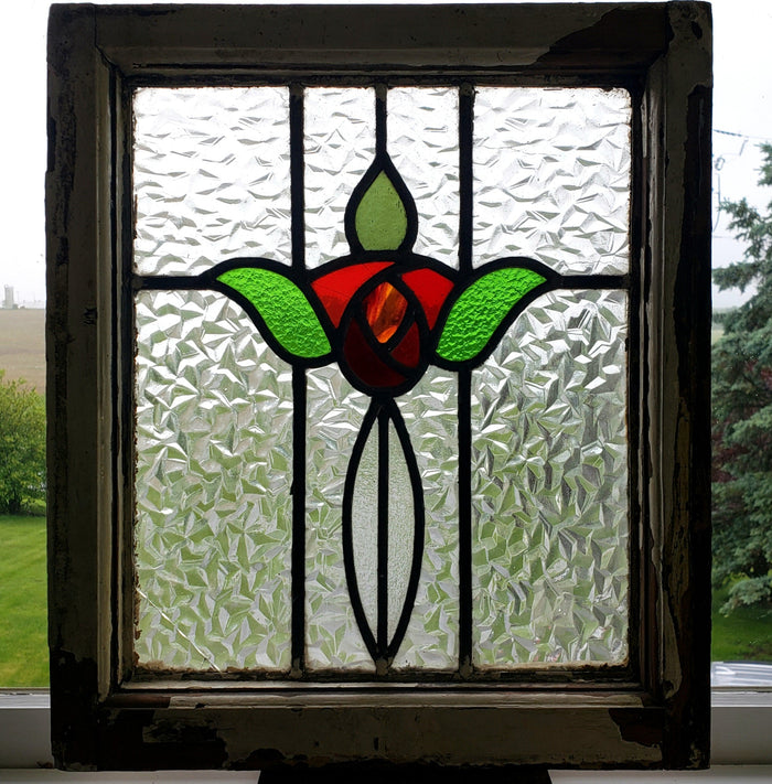 Old Leaded Stained lass Window Original White Chippy Wood Frame TULIP