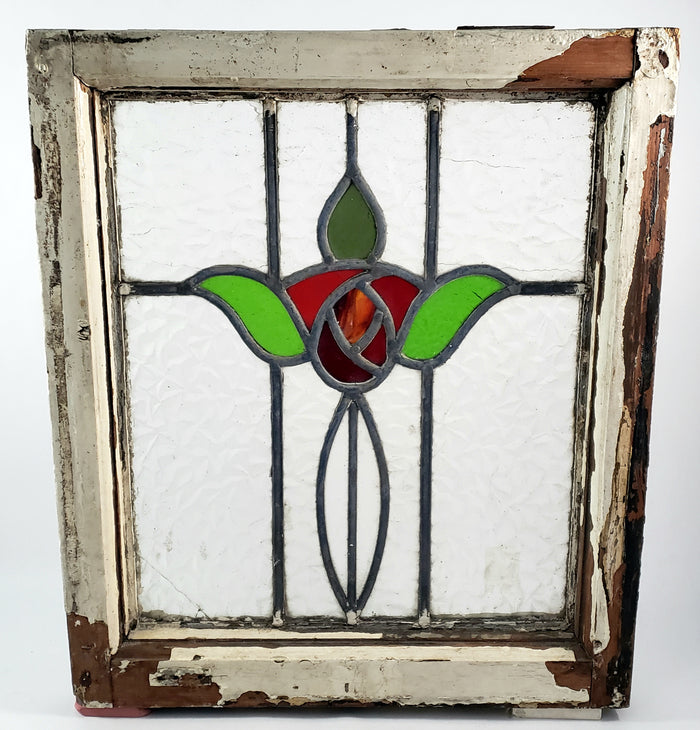Old Leaded Stained Glass Window Original White Chippy Paint Wood Frame TULIP