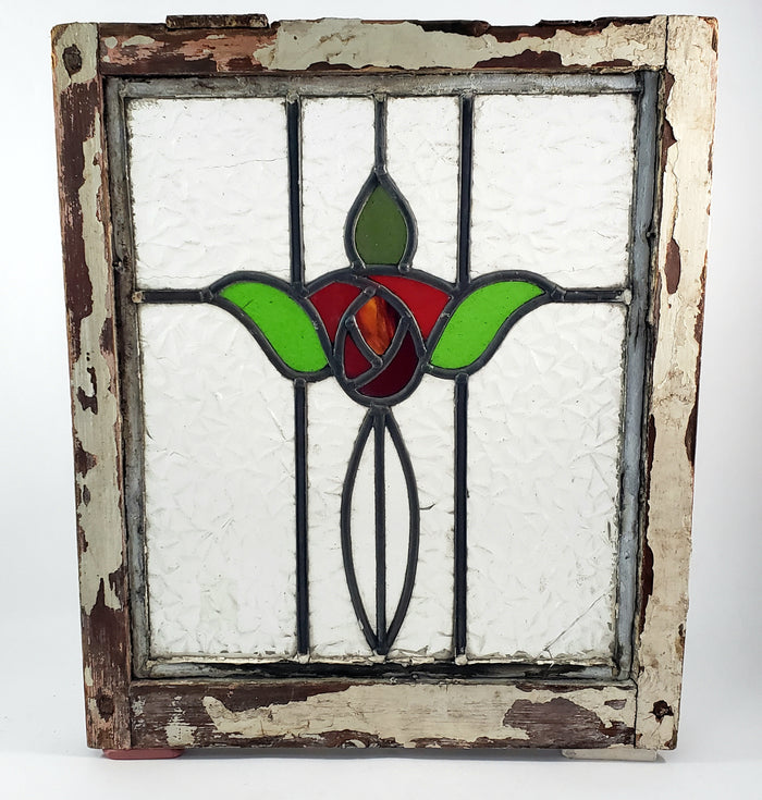 Old Leaded Stained Glass Window Original White Chippy Paint Wood Frame TULIP
