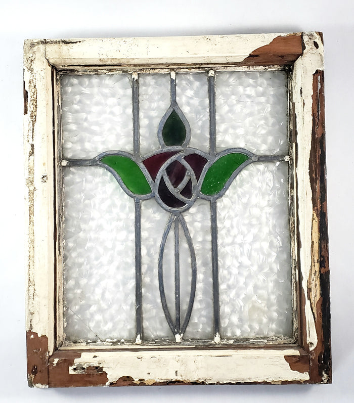 Old Leaded Stained Glass Window Original White Chippy Paint Wood Frame TULIP