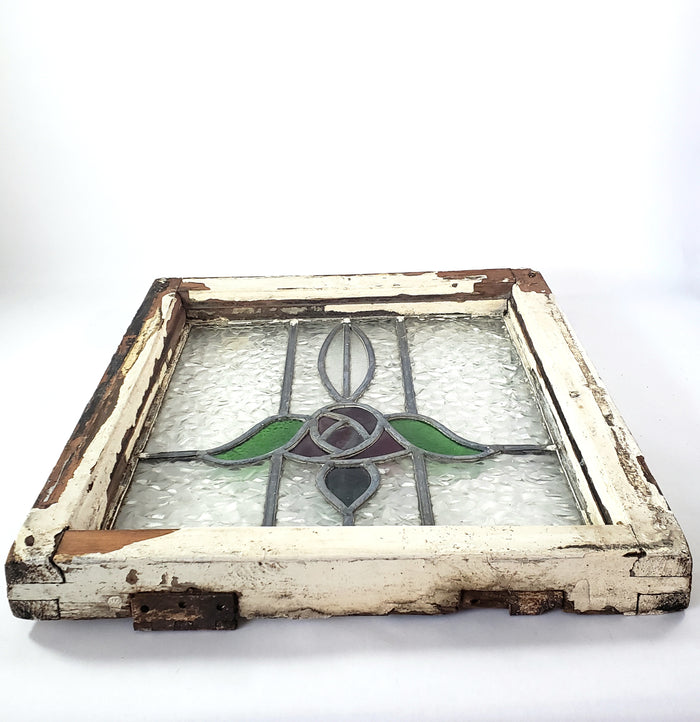 Old Leaded Stained Glass Window Original White Chippy Paint Wood Frame TULIP