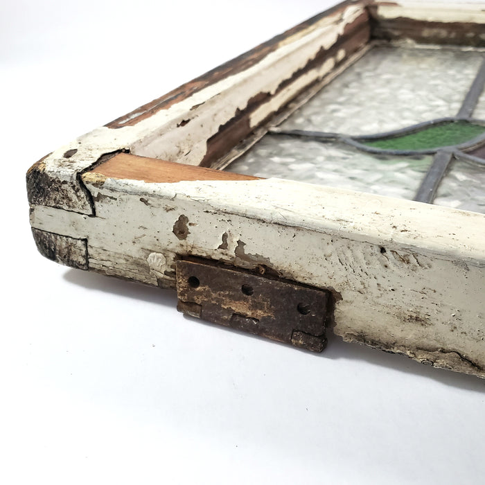 Old Leaded Stained Glass Window Original White Chippy Paint Wood Frame TULIP