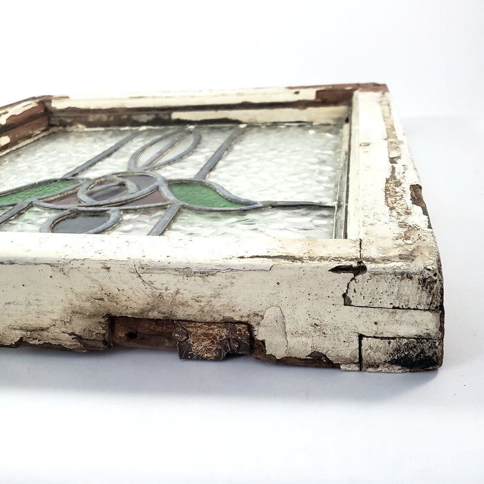Old Leaded Stained Glass Window Original White Chippy Paint Wood Frame TULIP