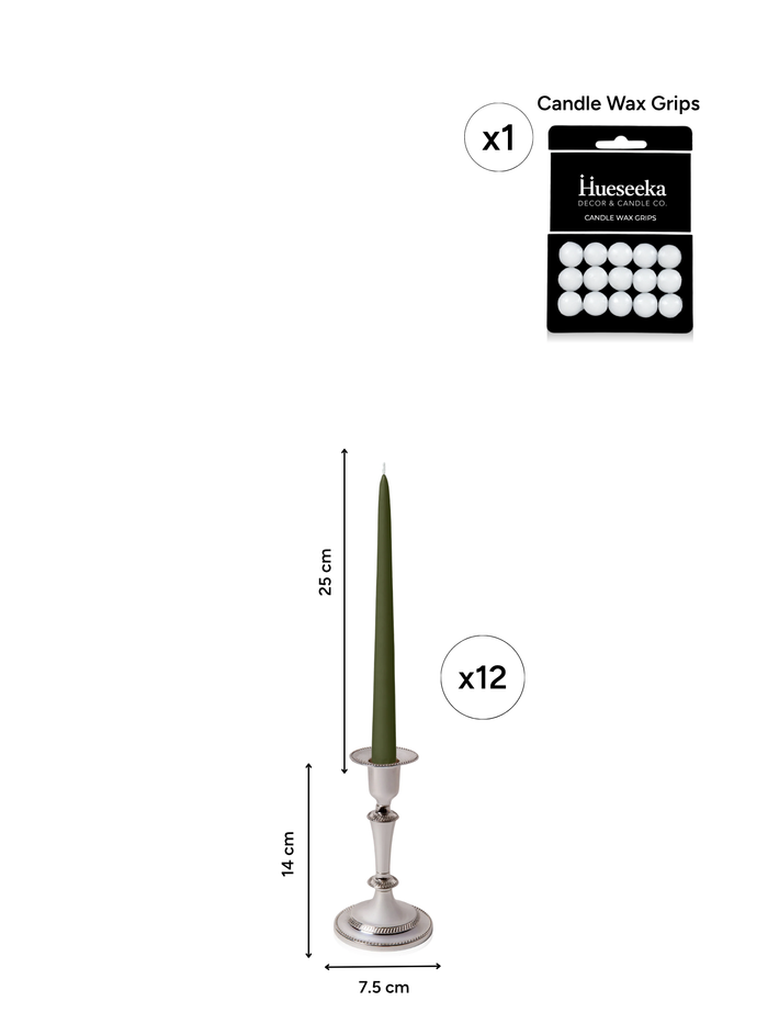 Olive 25cm Taper Candles with Medium Antique Silver Eloise Candle Holders - Set of 12 Pack of 12