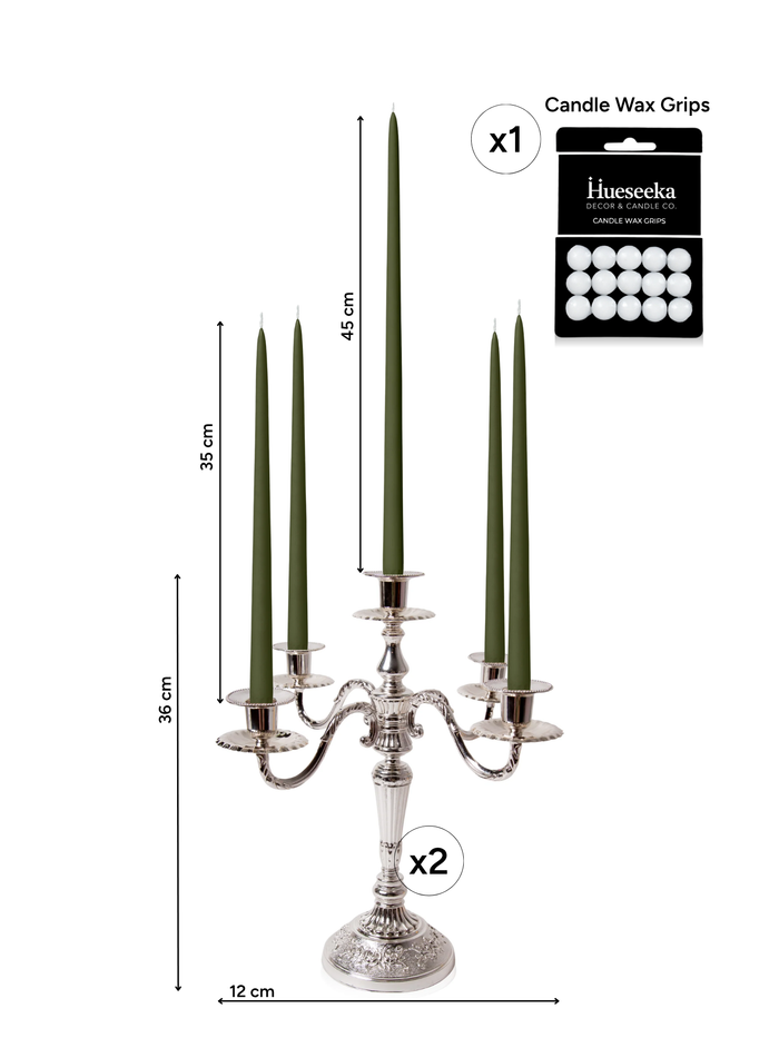 Olive 35cm & 45cm Taper Candles with Antique Silver Charlotte 5-Arm Candelabra - Set of 2 Pack of 10