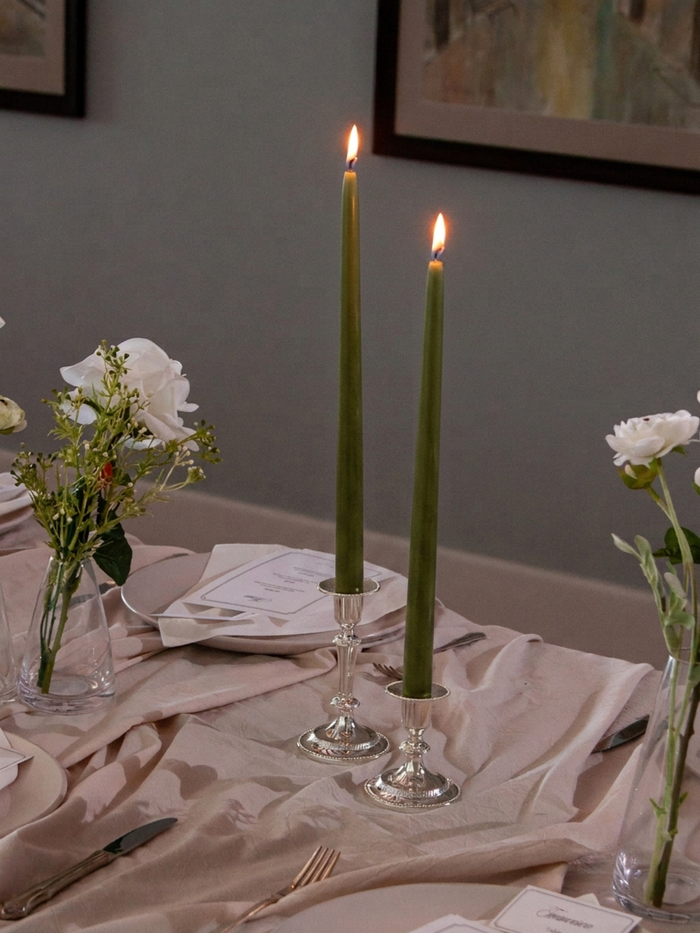 Olive 35cm Taper Candles with Small Antique Silver Eloise Candle Holders - Set of 12 Pack of 12