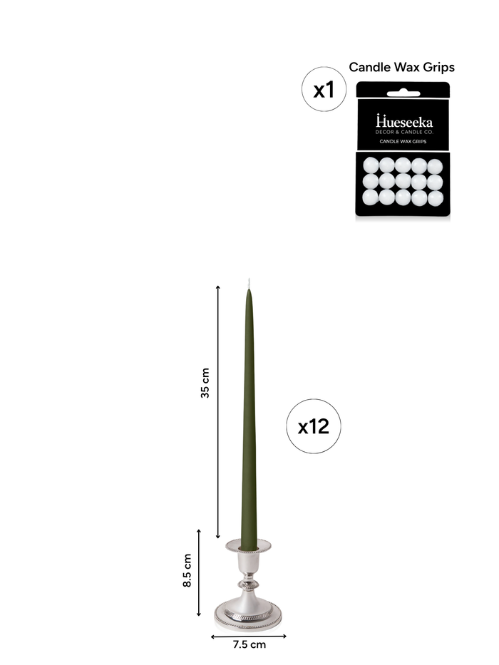 Olive 35cm Taper Candles with Small Antique Silver Eloise Candle Holders - Set of 12 Pack of 12