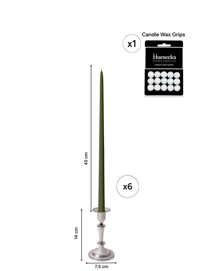 Olive 45cm Taper Candles with Medium Antique Silver Eloise Candle Holders - Set of 6