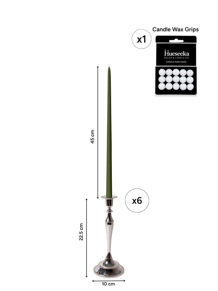 Olive 45cm Taper Candles with Medium Antique Silver Juliette Candle Holders - Set of 6