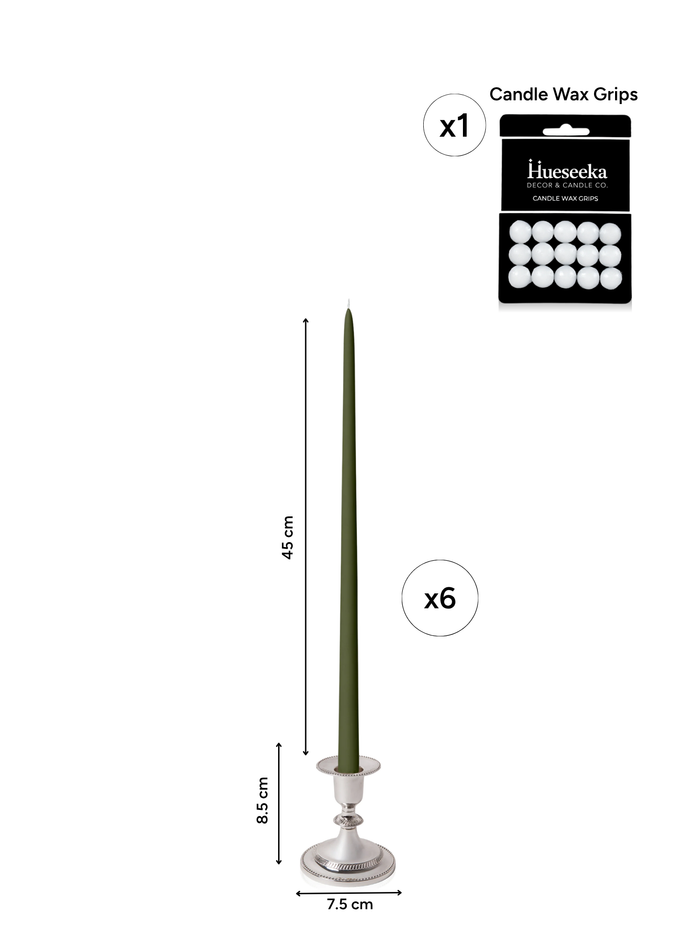 Olive 45cm Taper Candles with Small Antique Silver Eloise Candle Holders - Set of 6
