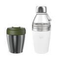 On-The-Go Duo in Pine White featuring a stainless steel reusable cup with olive green lid alongside a white silicone-sleeved water bottle with clear glass top and stainless steel cap, shown against a plain white background.