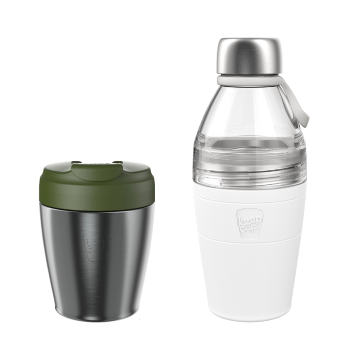 On-The-Go Duo in Pine White featuring a stainless steel reusable cup with olive green lid alongside a white silicone-sleeved water bottle with clear glass top and stainless steel cap, shown against a plain white background.