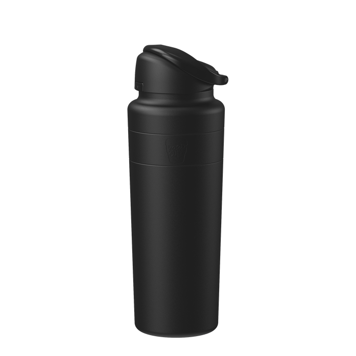 KeepCup Ora Bottle in Black, 700ml, shown at a slight angle against a white background, featuring a matte black finish, flip-top lid with carry loop, and embossed logo on the upper body.