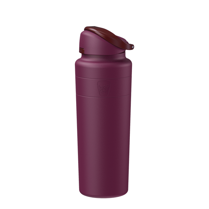 KeepCup Ora Bottle 700ml in Mulberry, a deep plum-coloured reusable stainless steel bottle with flip-top lid, shown upright against a white background.