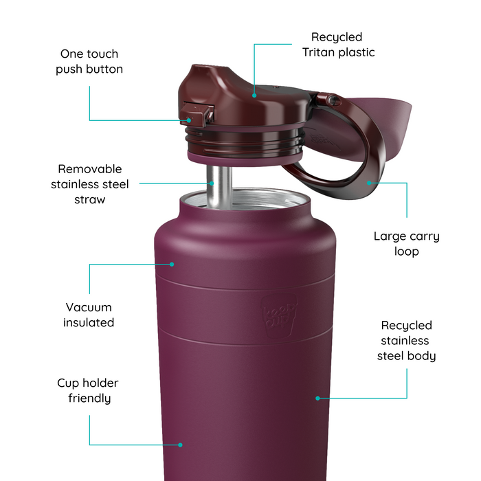 Annotated diagram of the Ora Bottle 700ml in Mulberry, highlighting key features: one touch push button, recycled Tritan plastic lid, removable stainless steel straw, large carry loop, vacuum insulated recycled stainless steel body, and cup holder friendly design.