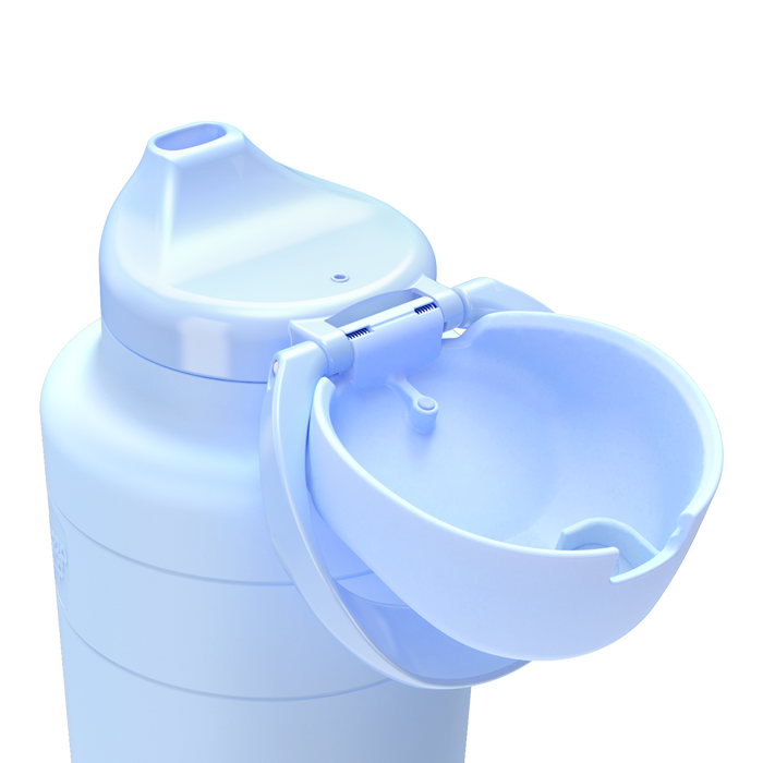 KeepCup Ora Bottle 700ml in Orchid, showing a close-up of the flip-top lid mechanism with the integrated drinking bowl attachment open, highlighting the bottle's unique design for sharing water with pets.