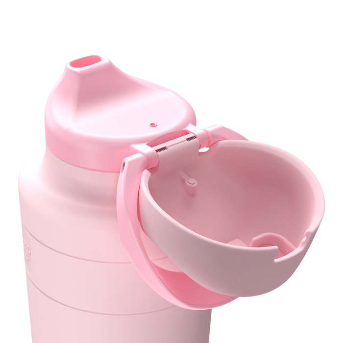 Close-up of the KeepCup Ora Bottle 700ml in Pashmak Pink, showing the flip-out drinking bowl attachment extended from the lid, designed for pets to drink from while on the go.