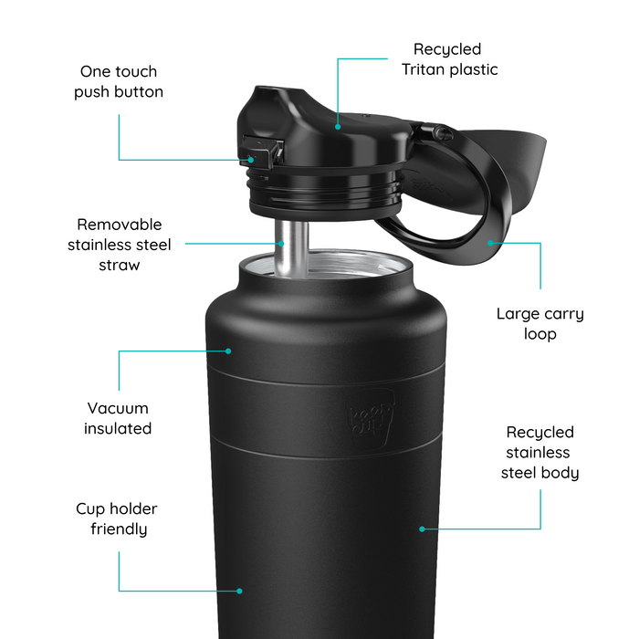 KeepCup Ora Bottle 950ml in Black, shown in an annotated product diagram with the flip-top lid open, highlighting key features including the one touch push button, recycled Tritan plastic lid, removable stainless steel straw, large carry loop, vacuum insulated recycled stainless steel body, and cup holder friendly design.