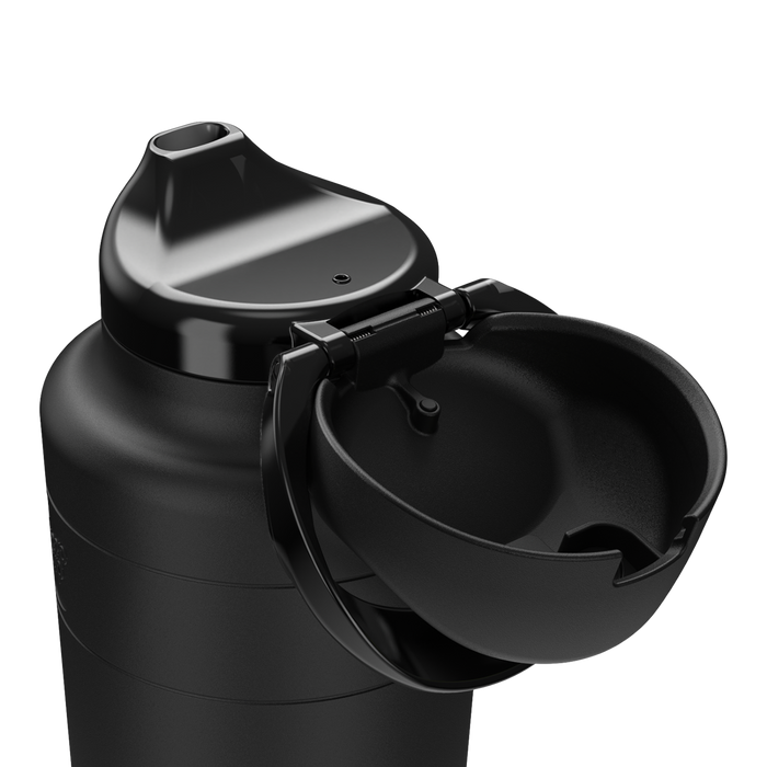 KeepCup Ora Bottle in Black (950ml) shown in close-up detail with the flip-top lid open, revealing the drinking spout and the protective cap hinged to the side.
