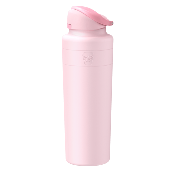 KeepCup Ora Bottle 950ml in Pashmak Pink, shown at a slight angle against a white background, featuring a flip-top lid and embossed KeepCup logo on the insulated stainless steel body.