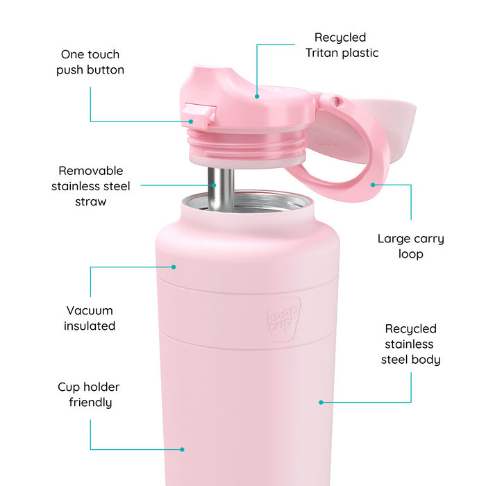 KeepCup Ora Bottle 700ml in Pashmak Pink shown in an annotated product diagram highlighting key features: one touch push button, recycled Tritan plastic lid, removable stainless steel straw, large carry loop, vacuum insulated recycled stainless steel body, and cup holder friendly design.