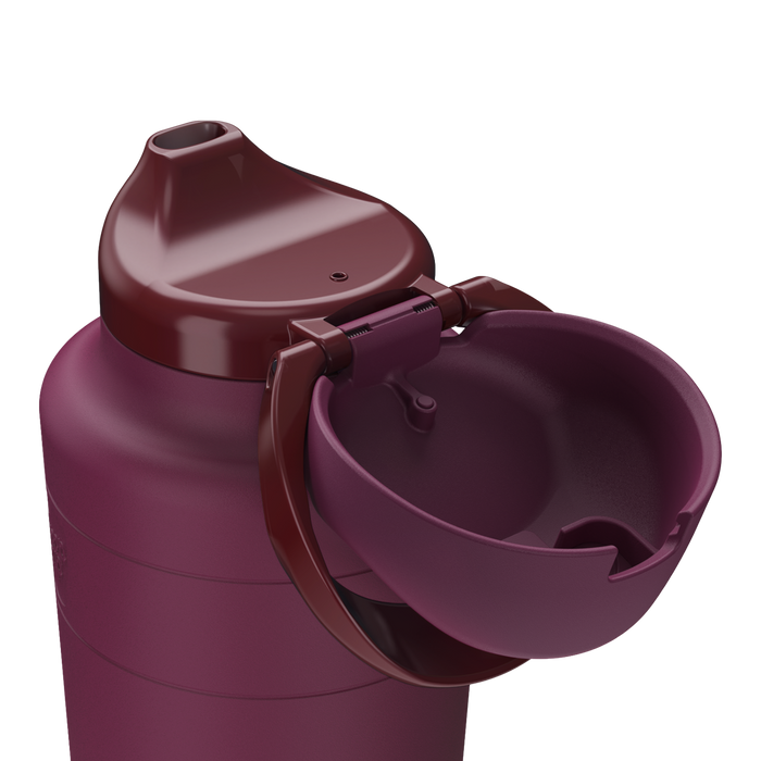 Close-up of the KeepCup Ora Bottle 700ml in Mulberry, showing the flip-top lid open with the attached drinking spout and integrated bowl accessory extended, highlighting the deep plum colour and hinge mechanism.