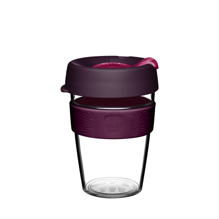KeepCup Original Clear M 12oz in Alder, featuring a clear reusable plastic cup with a deep plum-coloured lid and matching silicone band, shown against a white background.