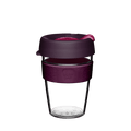 KeepCup Original Clear M 12oz in Alder, featuring a clear reusable plastic cup with a deep plum-coloured lid and matching silicone band, shown against a white background.