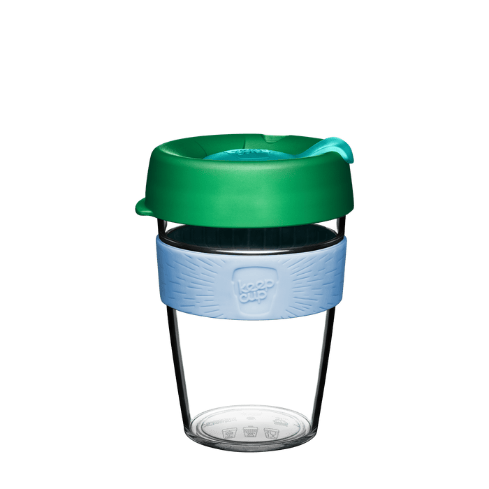 Reusable coffee cup with green lid and blue band on a transparent background