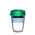 Reusable coffee cup with green lid and blue band on a transparent background
