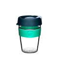 KeepCup Original Clear M 12oz in Eventide, featuring a clear plastic cup with a teal silicone band embossed with the KeepCup logo, and a dark charcoal lid with a light-coloured sipper plug, shown against a white background.