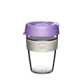 KeepCup Original Clear M 12oz in Moonshine, featuring a transparent reusable cup with lavender purple lid, light grey silicone band embossed with the KeepCup logo, and clear plastic body, shown against a white background.
