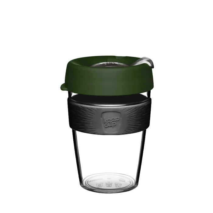 KeepCup Original Clear M 12oz in Pine, featuring a transparent reusable cup with olive green lid, charcoal grey band embossed with the KeepCup logo, and a clear base, shown against a white background.