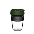 KeepCup Original Clear M 12oz in Pine, featuring a transparent reusable cup with olive green lid, charcoal grey band embossed with the KeepCup logo, and a clear base, shown against a white background.