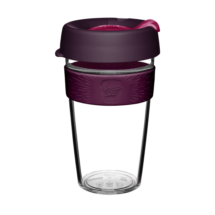 KeepCup Original Clear L 16oz in Alder, featuring a clear tritan cup with deep plum-coloured lid and silicone band, shown against a white background with the pink sipper plug visible.
