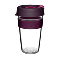 KeepCup Original Clear L 16oz in Alder, featuring a clear tritan cup with deep plum-coloured lid and silicone band, shown against a white background with the pink sipper plug visible.