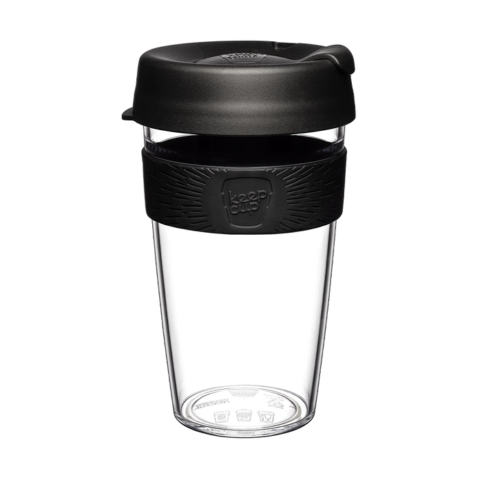KeepCup Original Clear L 16oz in Black, shown in a straight-on product shot featuring a clear reusable plastic cup with black lid and black silicone band displaying the KeepCup logo.