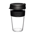 KeepCup Original Clear L 16oz in Black, shown in a straight-on product shot featuring a clear reusable plastic cup with black lid and black silicone band displaying the KeepCup logo.