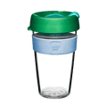 Clear reusable coffee cup with green lid and blue sleeve on a transparent background